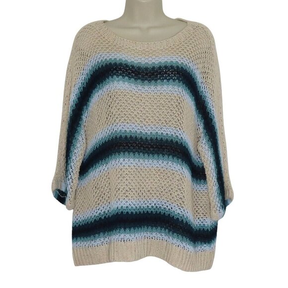 J Jill Women Petite Large PL Loose Knit Sweater Tan Blue Stripe Striped Pullover - Picture 1 of 10